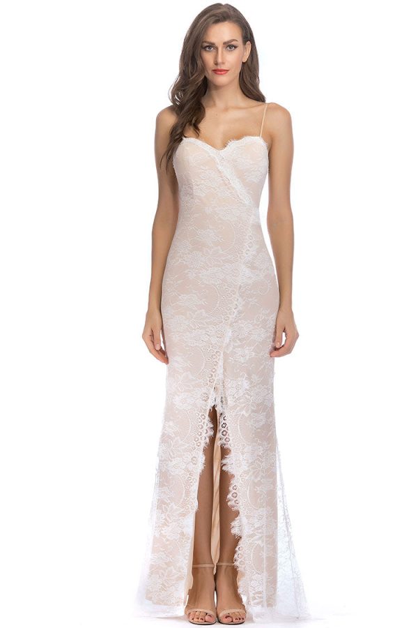 Elegant Sweetheart Spaghetti Strap High Split Lace Evening Maxi Dress - Beige Elegant Sweetheart Spaghetti Strap High Split Lace Evening Maxi Dress - Beige