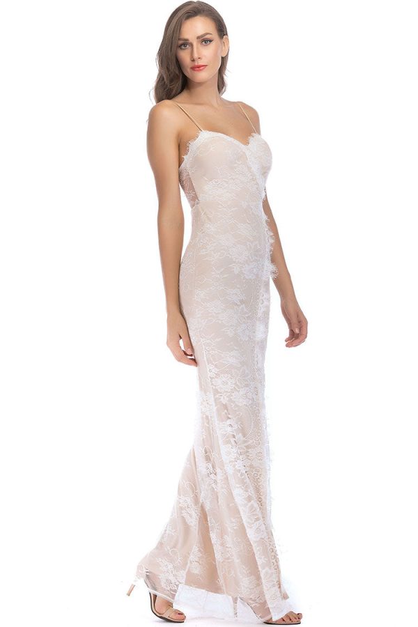 Elegant Sweetheart Spaghetti Strap High Split Lace Evening Maxi Dress - Beige Elegant Sweetheart Spaghetti Strap High Split Lace Evening Maxi Dress - Beige
