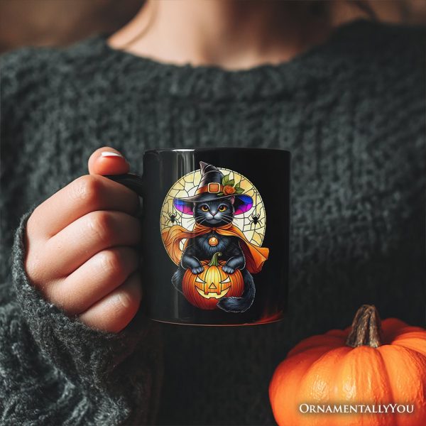 Enchanted Cat Witch Stained Glass Style Personalized Mug, Halloween Themed Gift with Custom Name Enchanted Cat Witch Stained Glass Style Personalized Mug, Halloween Themed Gift with Custom Name