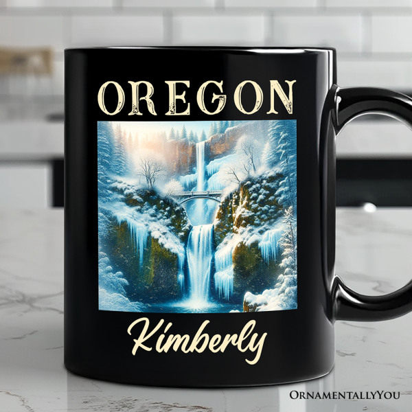 Enchanting Oregon State Multnomah Falls Winter Personalized Mug, Pacific Northwest Waterfall Gift and Souvenir with Custom Name Enchanting Oregon State Multnomah Falls Winter Personalized Mug, Pacific Northwest Waterfall Gift and Souvenir with Custom Name