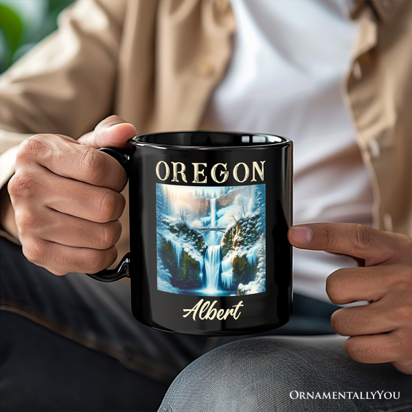Enchanting Oregon State Multnomah Falls Winter Personalized Mug, Pacific Northwest Waterfall Gift and Souvenir with Custom Name Enchanting Oregon State Multnomah Falls Winter Personalized Mug, Pacific Northwest Waterfall Gift and Souvenir with Custom Name