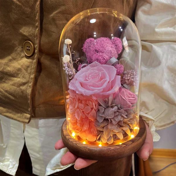 Eternal Preserved Rose Teddy Bear Gift Box with Lights