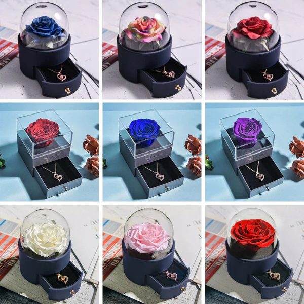 Eternal Rose Jewelry Box with Necklace Preserved Flower Gift for Women Birthday Anniversary