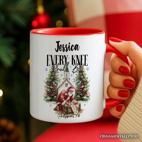 Every Knee Shall Bow Nativity Santa Personalized Mug, Jesus Philippians 2:10 Christian Christmas Gift with Custom Name Every Knee Shall Bow Nativity Santa Personalized Mug, Jesus Philippians 2:10 Christian Christmas Gift with Custom Name
