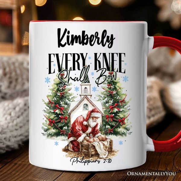 Every Knee Shall Bow Nativity Santa Personalized Mug, Jesus Philippians 2:10 Christian Christmas Gift with Custom Name Every Knee Shall Bow Nativity Santa Personalized Mug, Jesus Philippians 2:10 Christian Christmas Gift with Custom Name