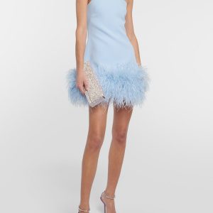 Feather-trimmed Bandeau Neck A-line Mini Dress