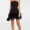 Feather-trimmed Bandeau Neck A-line Mini Dress Feather-trimmed Bandeau Neck A-line Mini Dress