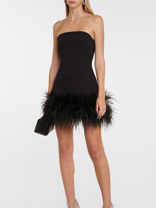 Feather-trimmed Bandeau Neck A-line Mini Dress Feather-trimmed Bandeau Neck A-line Mini Dress