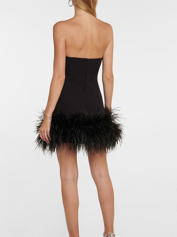 Feather-trimmed Bandeau Neck A-line Mini Dress Feather-trimmed Bandeau Neck A-line Mini Dress