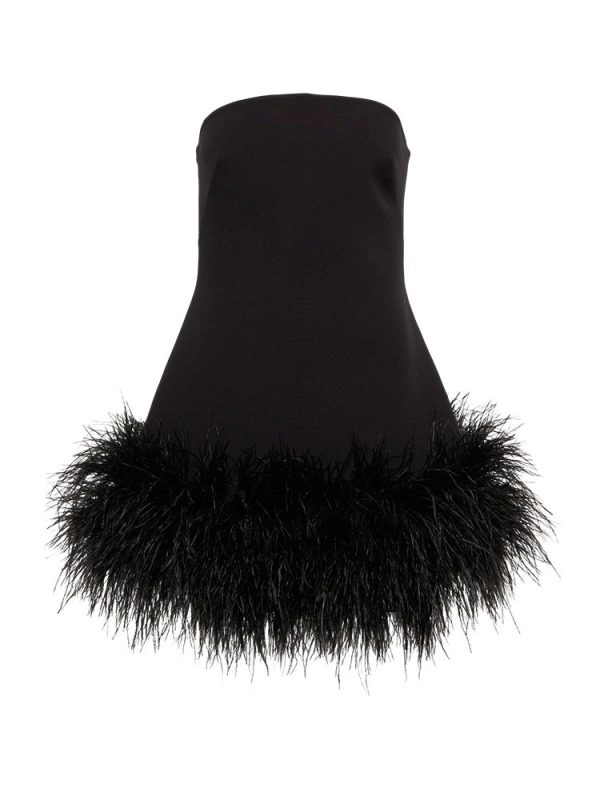 Feather-trimmed Bandeau Neck A-line Mini Dress Feather-trimmed Bandeau Neck A-line Mini Dress
