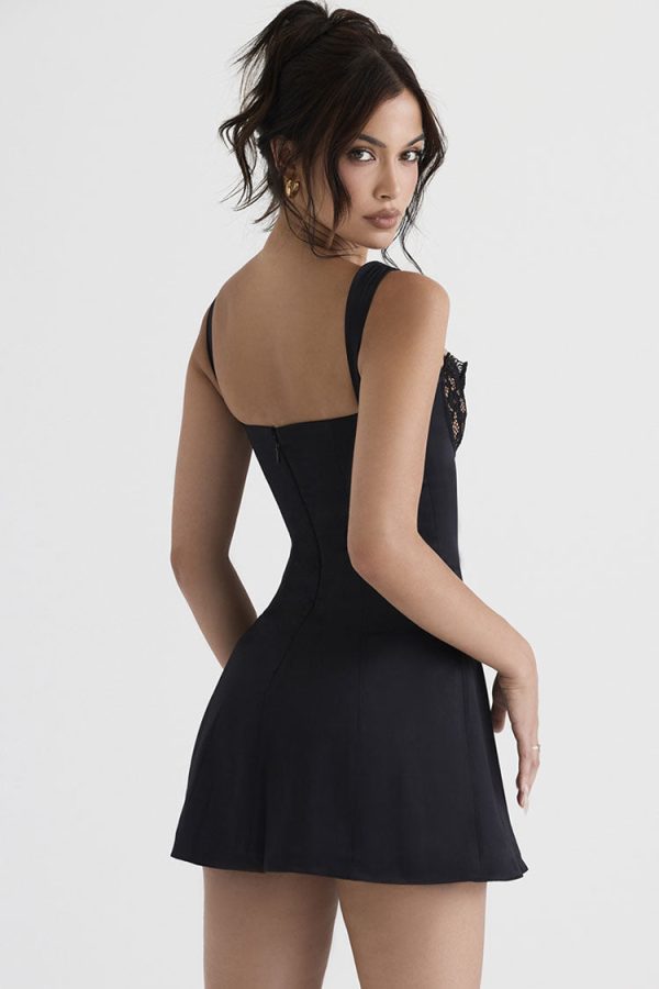 Feminine Lace Trim Sweetheart Tie Front Satin Mini Sundress - Black Feminine Lace Trim Sweetheart Tie Front Satin Mini Sundress - Black