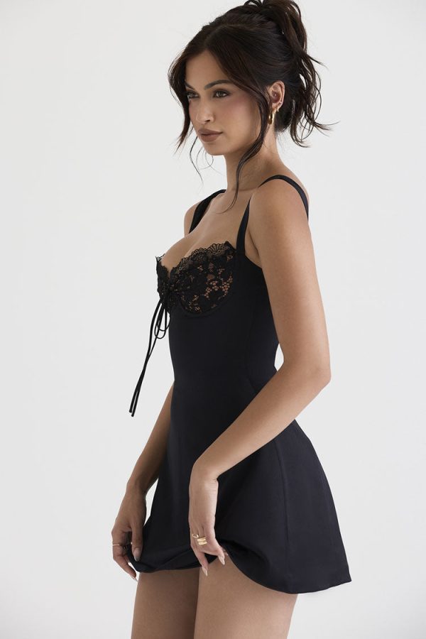 Feminine Lace Trim Sweetheart Tie Front Satin Mini Sundress - Black Feminine Lace Trim Sweetheart Tie Front Satin Mini Sundress - Black