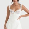 Feminine Lace Trim Sweetheart Tie Front Satin Mini Sundress - White Feminine Lace Trim Sweetheart Tie Front Satin Mini Sundress - White