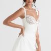 Feminine Lace Trim Sweetheart Tie Front Satin Mini Sundress - White Feminine Lace Trim Sweetheart Tie Front Satin Mini Sundress - White