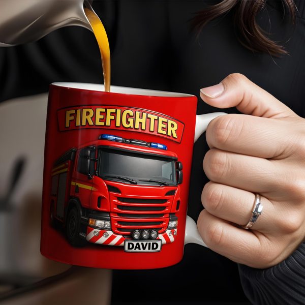 Firefighter Red Coffee Mug Featuring Personalized Fire Truck Design - Personalized Custom Coffee Mug - FIF006_MG