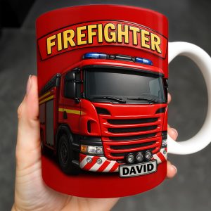Firefighter Red Coffee Mug Featuring Personalized Fire Truck Design - Personalized Custom Coffee Mug - FIF006_MG