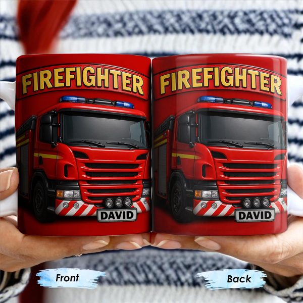 Firefighter Red Coffee Mug Featuring Personalized Fire Truck Design - Personalized Custom Coffee Mug - FIF006_MG
