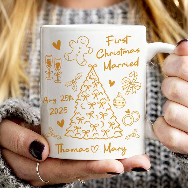 First Christmas Married Doodle Pattern - Personalized Mug - Christmas Gift For Him, For Her, For Couple First Christmas Married Doodle Pattern - Personalized Mug - Christmas Gift For Him, For Her, For Couple