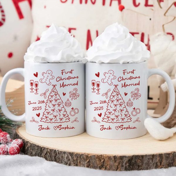 First Christmas Married Doodle Pattern - Personalized Mug - Christmas Gift For Him, For Her, For Couple First Christmas Married Doodle Pattern - Personalized Mug - Christmas Gift For Him, For Her, For Couple