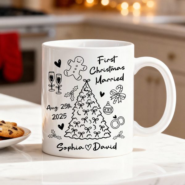First Christmas Married Doodle Pattern - Personalized Mug - Christmas Gift For Him, For Her, For Couple First Christmas Married Doodle Pattern - Personalized Mug - Christmas Gift For Him, For Her, For Couple