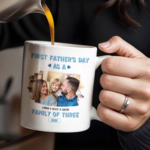 First Father's Day As A Family Of Three, Family Photo And Heart Icons - Personalized Custom Coffee Mug - DAD117_MG First Father's Day As A Family Of Three, Family Photo And Heart Icons - Personalized Custom Coffee Mug - DAD117_MG