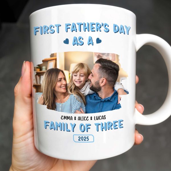 First Father's Day As A Family Of Three, Family Photo And Heart Icons - Personalized Custom Coffee Mug - DAD117_MG First Father's Day As A Family Of Three, Family Photo And Heart Icons - Personalized Custom Coffee Mug - DAD117_MG
