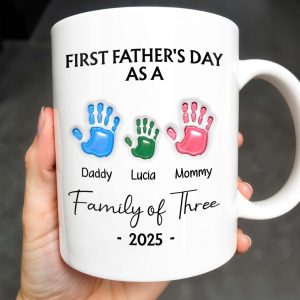 First Father's Day As A Family of Three, Handprints - Personalized Custom Coffee Mug - DAD074_MG