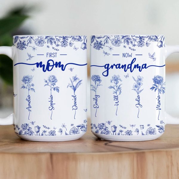 First Mom Now Grandma Custom Birth Flower Toile De Jouy - Personalized Mug