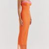Flame Orange Lace Trim Slit Mesh Maxi Dress