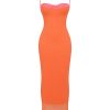 Flame Orange Lace Trim Slit Mesh Maxi Dress