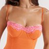 Flame Orange Lace Trim Slit Mesh Maxi Dress