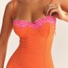 Flame Orange Lace Trim Slit Mesh Maxi Dress