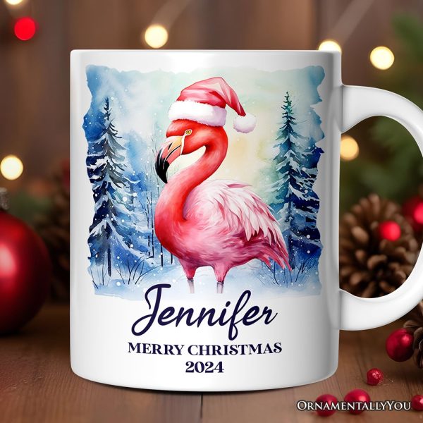 Flamingo with Santa Hat Personalized Mug, Winter Forest Christmas Gift With Custom Name and Date Flamingo with Santa Hat Personalized Mug, Winter Forest Christmas Gift With Custom Name and Date