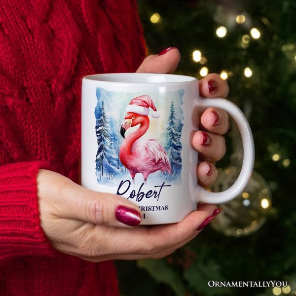 Flamingo with Santa Hat Personalized Mug, Winter Forest Christmas Gift With Custom Name and Date Flamingo with Santa Hat Personalized Mug, Winter Forest Christmas Gift With Custom Name and Date