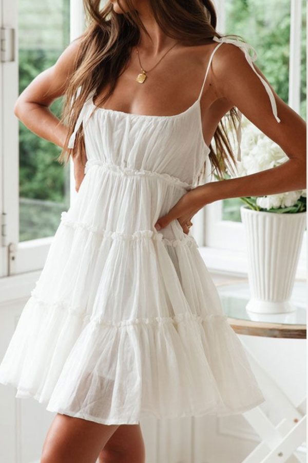 Flattering Tiered Ruffle Empire Waist Mini Summer Sundress - White Flattering Tiered Ruffle Empire Waist Mini Summer Sundress - White