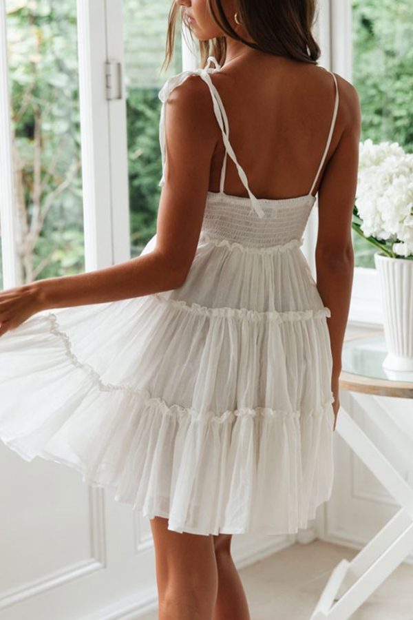 Flattering Tiered Ruffle Empire Waist Mini Summer Sundress - White Flattering Tiered Ruffle Empire Waist Mini Summer Sundress - White