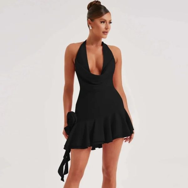 Floral Applique Ruffle Deep Neck Halter Mini Dress Floral Applique Ruffle Deep Neck Halter Mini Dress