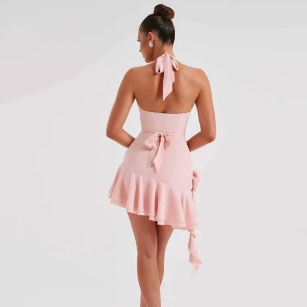 Floral Applique Ruffle Deep Neck Halter Mini Dress Floral Applique Ruffle Deep Neck Halter Mini Dress