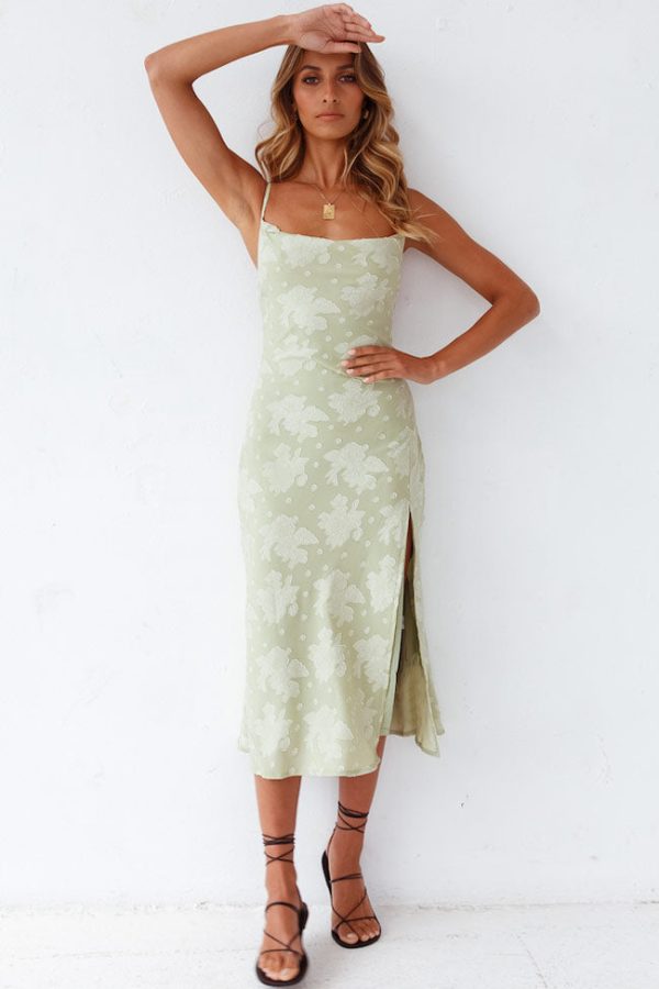 Floral Cowl Neck High Slit Slip Midi Dress - Sage Green Floral Cowl Neck High Slit Slip Midi Dress - Sage Green