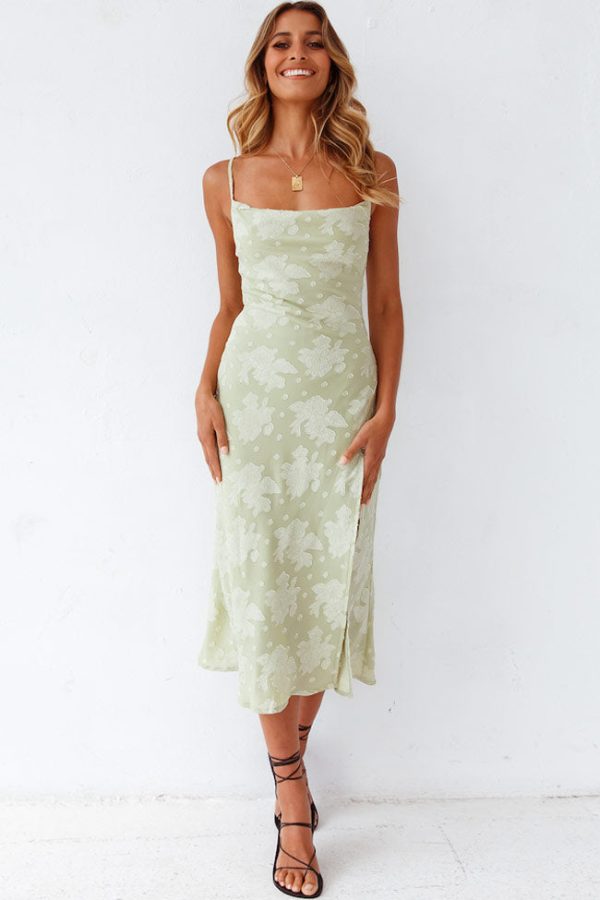 Floral Cowl Neck High Slit Slip Midi Dress - Sage Green Floral Cowl Neck High Slit Slip Midi Dress - Sage Green