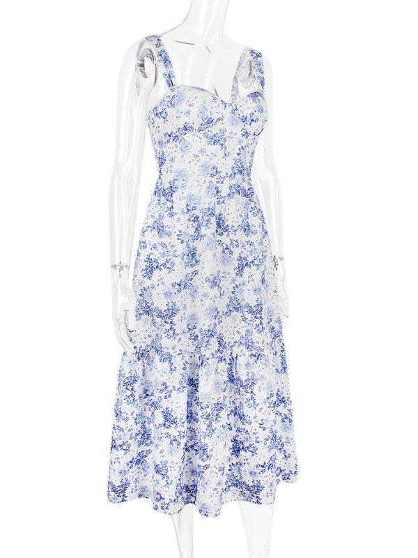 Floral Print Bustier Strap With Pocket Midi Dress