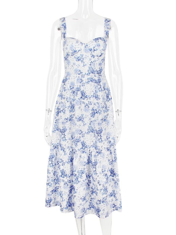 Floral Print Bustier Strap With Pocket Midi Dress