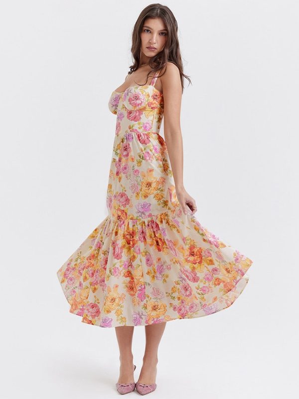 Floral Print Bustier Strap With Pocket Midi Dress
