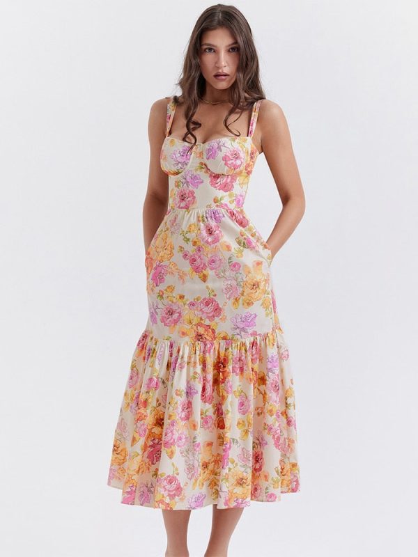 Floral Print Bustier Strap With Pocket Midi Dress