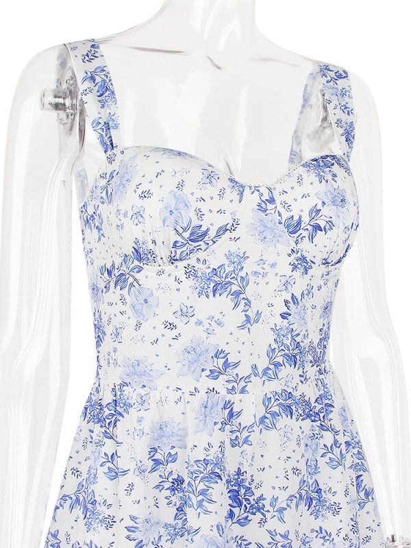 Floral Print Bustier Strap With Pocket Midi Dress