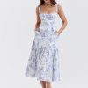 Floral Print Bustier Strap With Pocket Midi Dress