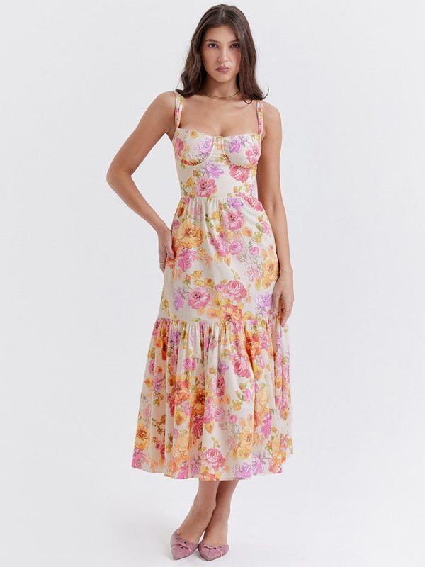 Floral Print Bustier Strap With Pocket Midi Dress