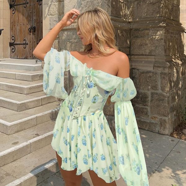 Floral Print Mesh Off Shoulder Long Sleeve Mini Dress With Corset Floral Print Mesh Off Shoulder Long Sleeve Mini Dress With Corset
