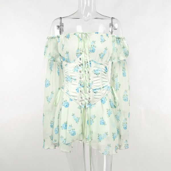 Floral Print Mesh Off Shoulder Long Sleeve Mini Dress With Corset Floral Print Mesh Off Shoulder Long Sleeve Mini Dress With Corset