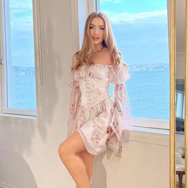 Floral Print Mesh Off Shoulder Long Sleeve Mini Dress With Corset Floral Print Mesh Off Shoulder Long Sleeve Mini Dress With Corset